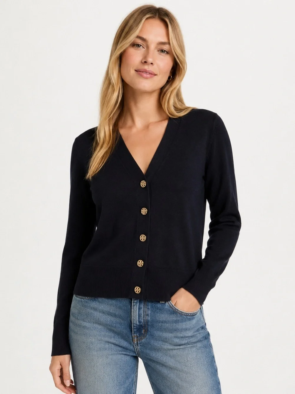 Tory Burch Simone Wool Cardigan Navy Logo Button Size XL